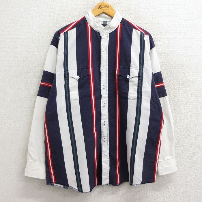 L/古着 長袖 ウエスタン シャツ メンズ 90s コットン ノーカラー 白他 ホワイト ストライプ 23sep20 中古 トップス