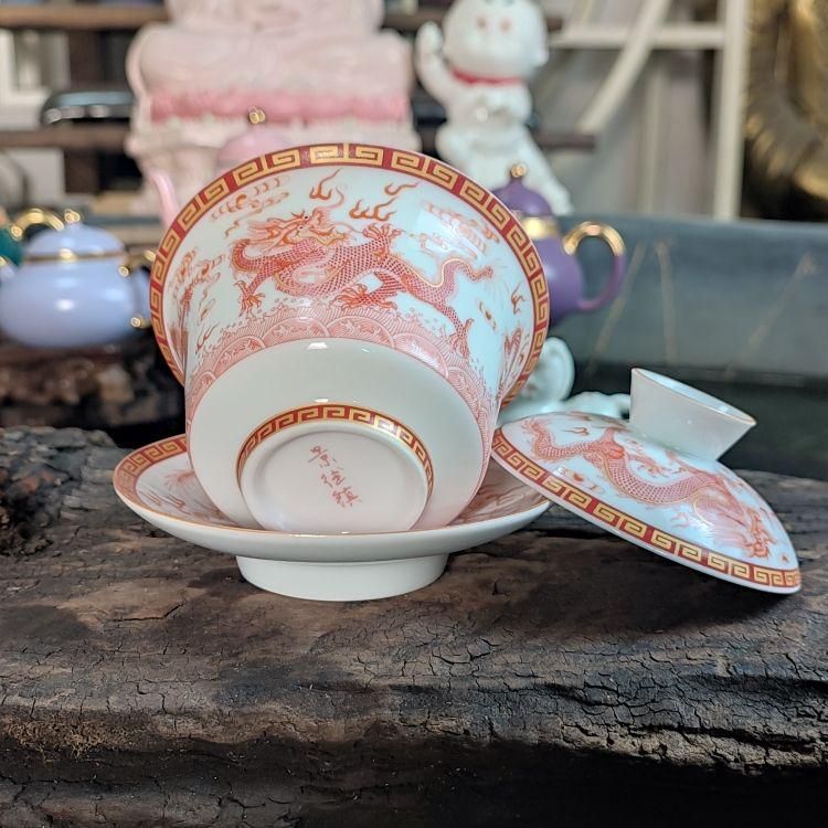 中国茶器 紅竜三才蓋碗 茶碗 湯飲み煎茶器 新品未使用 中国茶器 景徳鎮?紅乾隆三才蓋碗茶碗 湯飲み 煎茶道具 未使用品