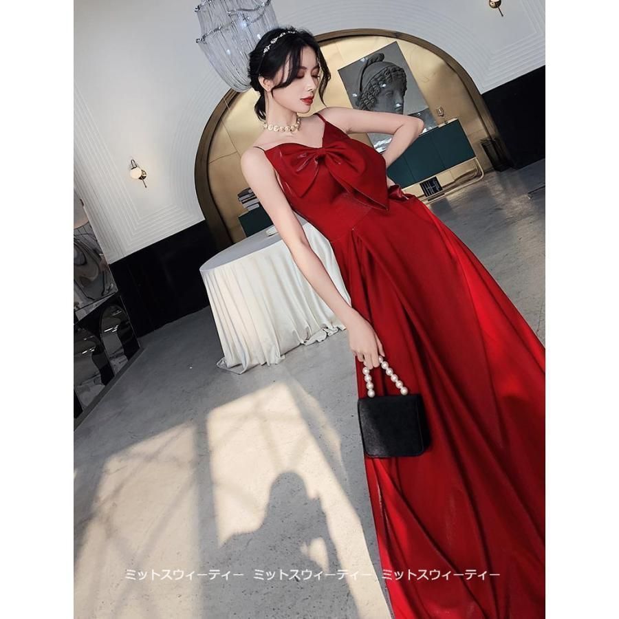 ドレス パーティードレス ロングドレス 赤 レッド キャミソール 二次会 演奏会 発表会 披露宴 イブニングドレス ノースリーブ リボン カラードレス ドレス ブライダル スーツ フォーマル ドレス