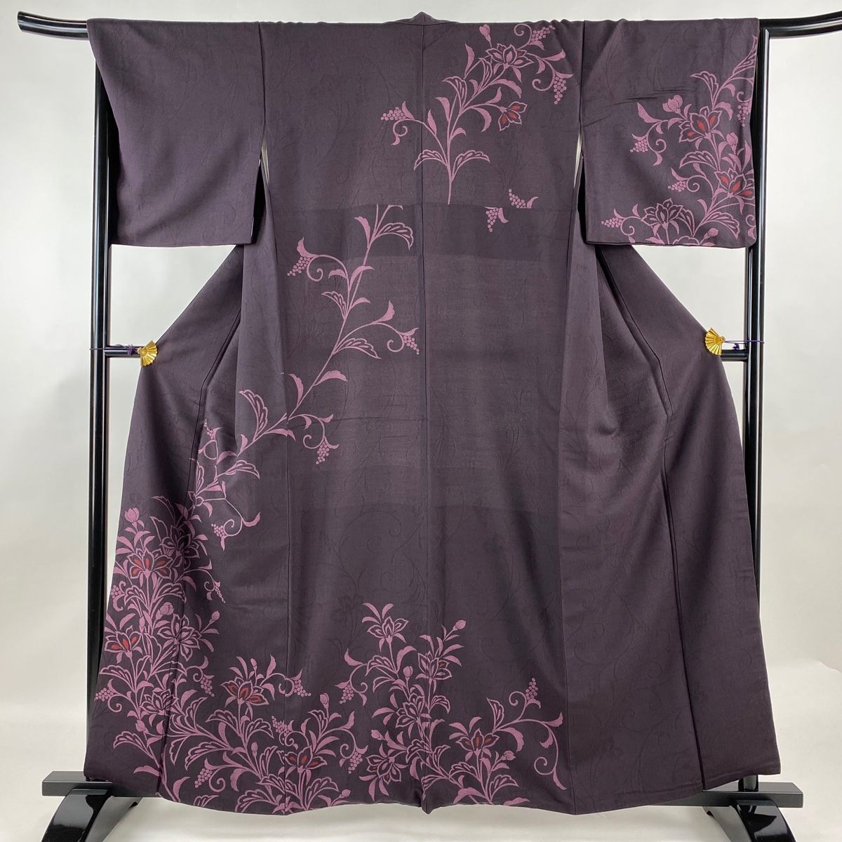 訪問着 身丈160cm 裄丈66.5cm M 袷 草花 地紋 濃紫 正絹 名品