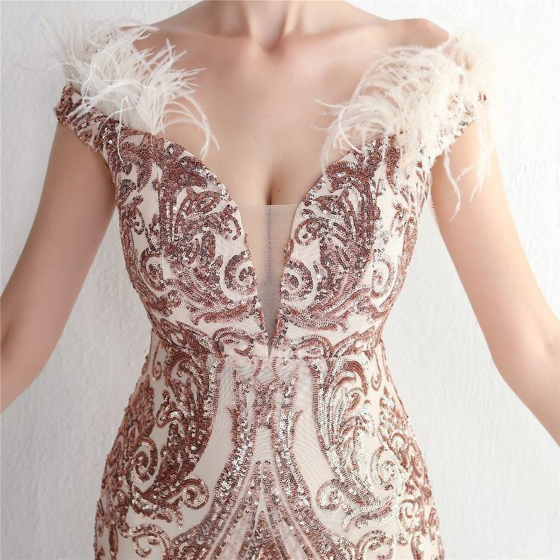 レディース 深Vネック ノースリーブ ドレス ゴールド 魚尾 パーティー 舞台 名媛 商品説明WPまとめ買い割引103 MAAHADDERANG_COM