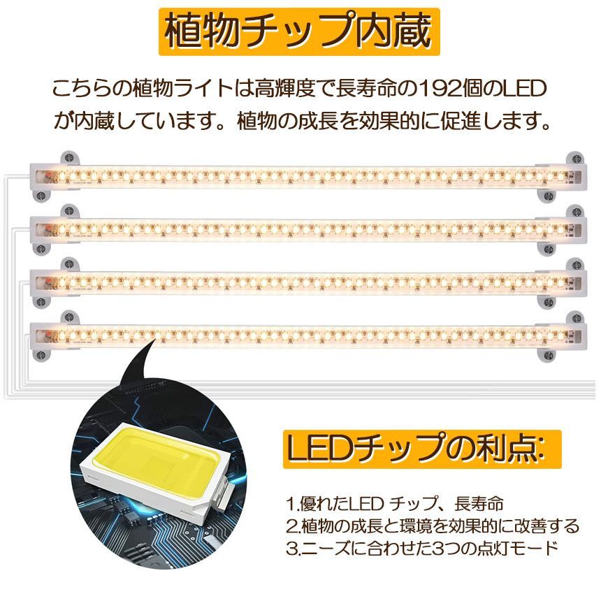 植物育成ライト LED育成ライト タイマー 観葉植物育成ライト 育成ライト 暖色系 9段階調光 フルスペクトル 育苗ライト 192LED 4ヘッド付き thumbnail 4