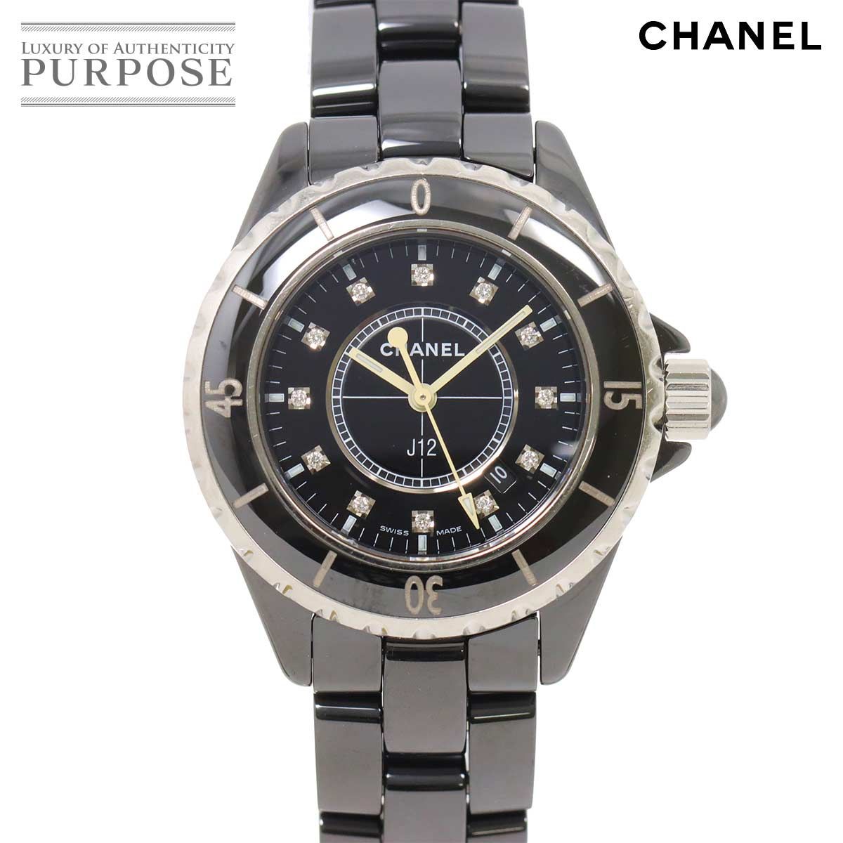 シャネル CHANEL J12 33mm H1625 レディース 腕時計 12P ダイヤ デイト ブラック セラミック クォーツ ウォッチ 90284599