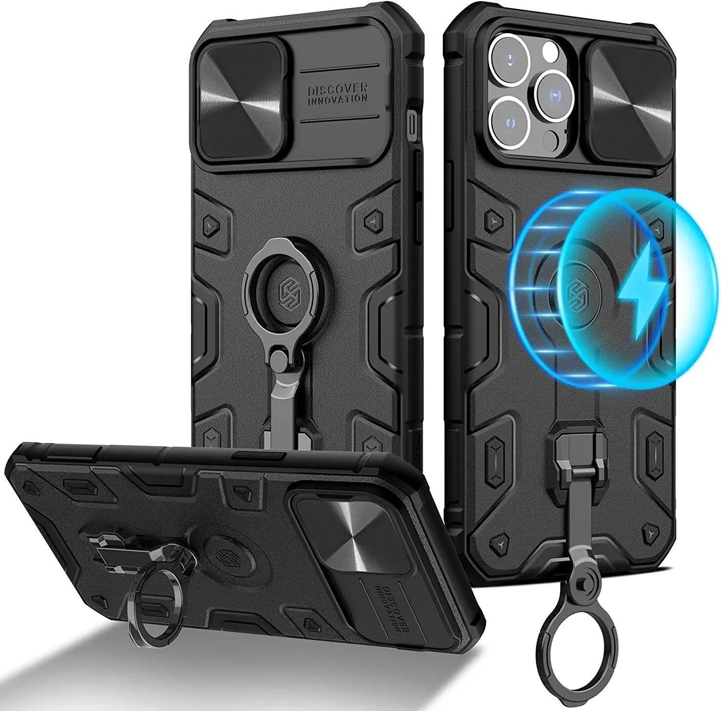 リング付き iPhone 14 Pro Max ケース MagSafe対応 マグネット搭載 スライド式カメラプロテクター付き アイフォン14 プロマックス 6.7 インチスマホケースリング回転 横置き 置きスタンド機能 カメ