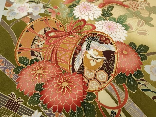 平和屋着物○豪華振袖 駒刺繍 鼓飛鶴花蝶文 暈し染め 金彩