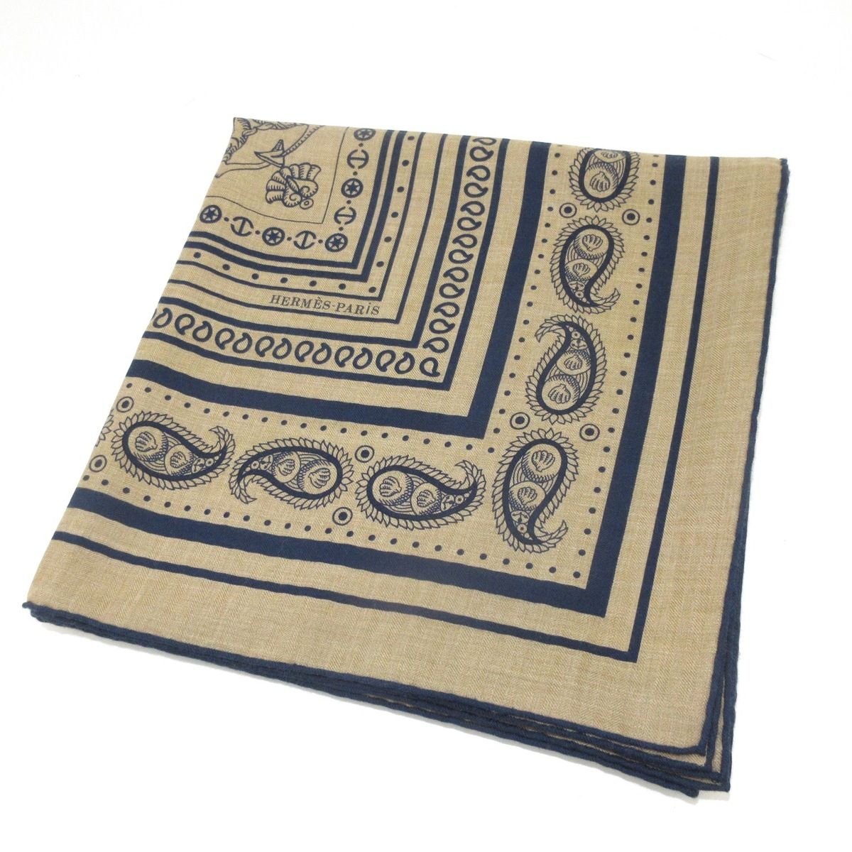 HERMES エルメス ストール ショール カレジェアン|カレ140 ベージュ×ネイビー Tatouages Marins|船乗りのタトゥー バンダナ
