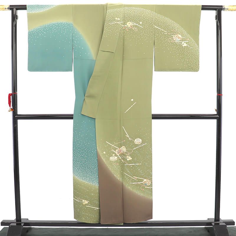 訪問着 袷 レディース 正絹 灰緑 水色 楽器柄 笛 鼓 鈴 身丈155.5cm 裄丈63.5cm 仕立て上がり着物 フォーマル 小さいサイズ 小さいサイズ