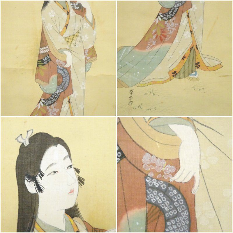 紫水筆 元禄美人 肉筆絹本掛軸（共箱） 掛け軸 床の間 書 おしゃれ