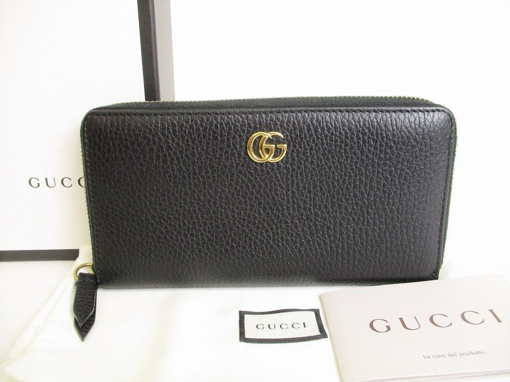 【展示保管品】 グッチ GUCCI ダブルG マーモント レザー ラウンドファスナー ラウンドジップ 長財布 メンズ レディース 黒