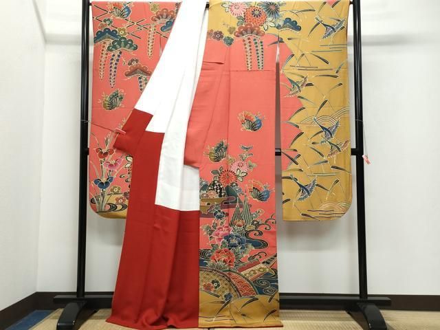 平和屋着物○豪華振袖 型染め 紅型 舞蝶風景花鳥文 正絹 逸品  