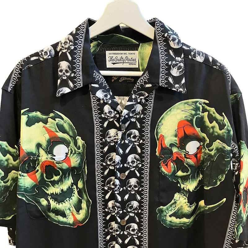 中古】未使用品 ワコマリア WACKO MARIA タグ付き 22SS 56Tattoo Studio タトゥースタジオ HAWAIIAN SHIRT  アロハシャツ 半袖 スカル 総柄 56TS-WM-HI06 薄手 Lサイズ 黒 嘆き ブラック メンズ 【ベクトル 古着】 240708