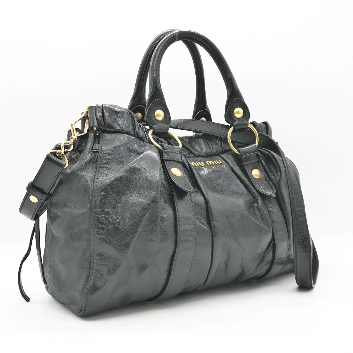 ミュウミュウ　ハンドバッグ　黒　ギャザー　アーカイブ　Y2K レザー　肩掛け　F ミュウミュウ ハンドバッグ 黒 ギャザー アーカイブ Y2K レザー 肩掛け F