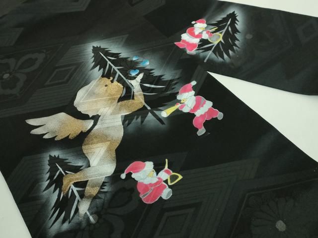 平和屋着物□極上 九寸名古屋帯 サンタクロース クリスマス 天使 黒地  