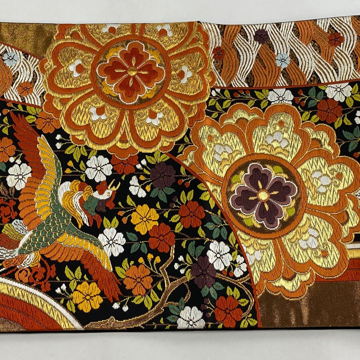 袋帯 逸品 河合美術織物 落款 華文 花鳥 金糸 唐織 黒 六通 正絹