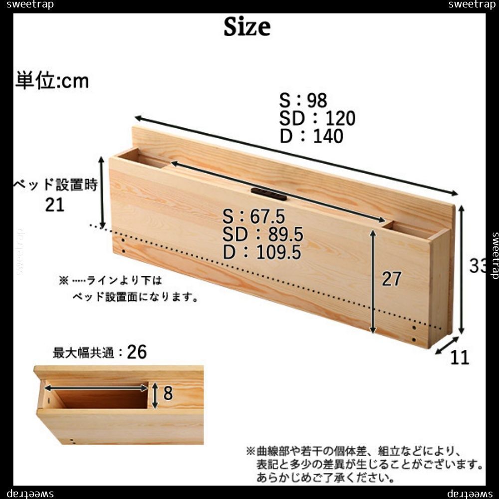 宮単品 パイン材脚付きすのこベッド用宮単品 リリッタ 宮単品 シングル用 ベッド本体はついていません