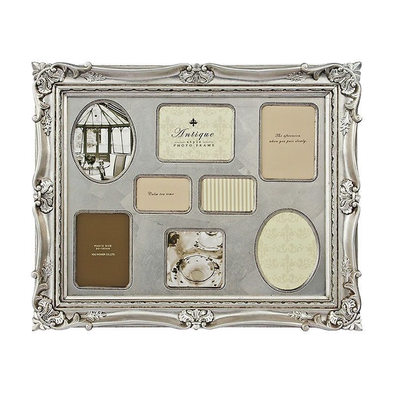 フォトフレーム アンティーク ゴールド 多面 8窓 シルバー色 壁掛け用