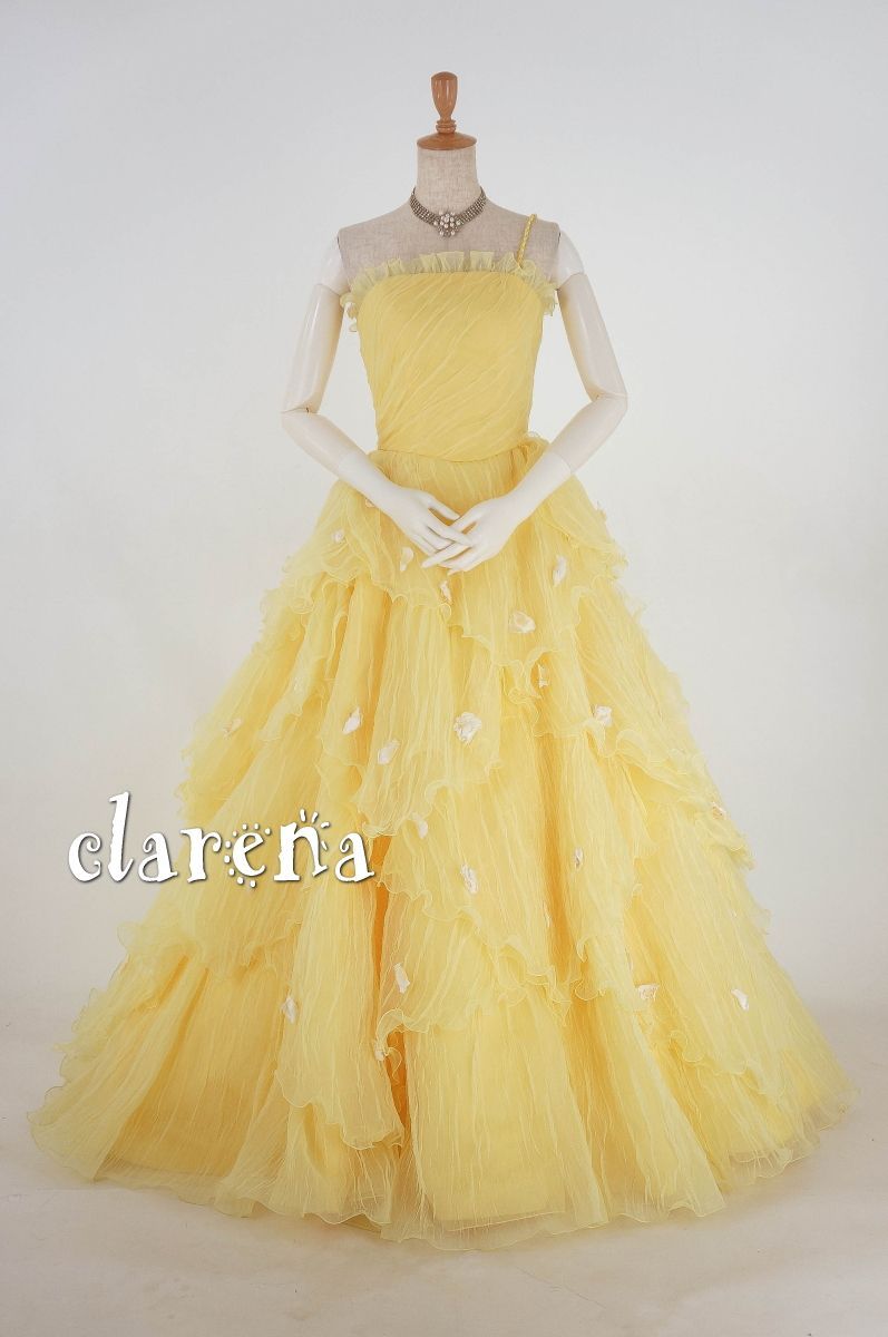 クリーニング済み シワ加工イエローに小花 カラードレス 7号 (CLC3324  