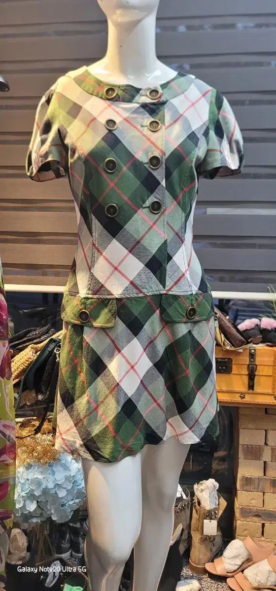 バリ 埋める ブルーレーベル U ネック チェック 半袖 ワンピース 36