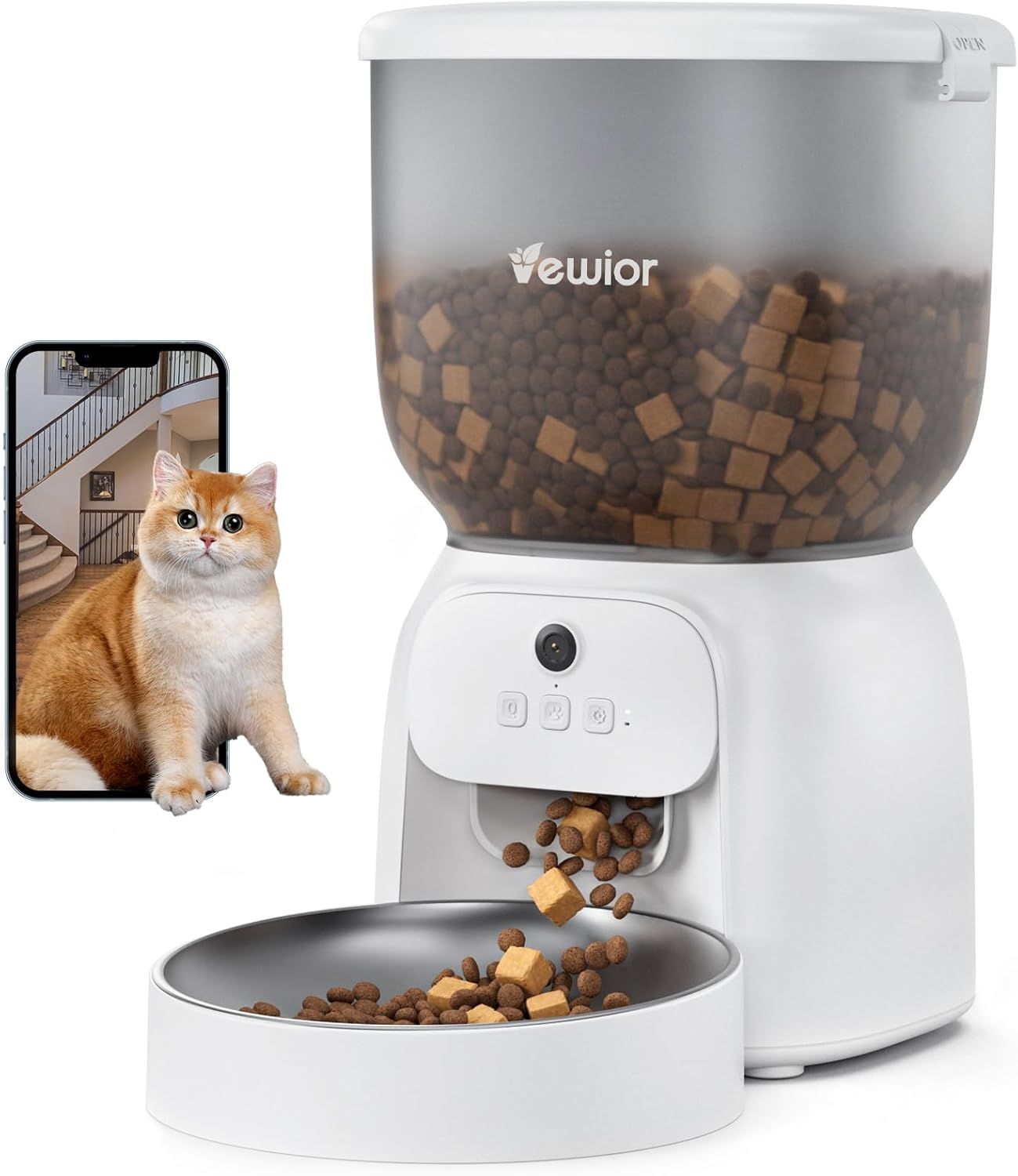 VEWIOR 自動給餌器 見守りカメラ付き 4L 猫犬対応 1日20食 自動餌やり機 スマホ遠隔 洗える 定時定量 大容量 タイマー対応 手動可 2WAY給電 乾燥剤 10秒録音停電対策 300万高画素 定時定量 水洗い