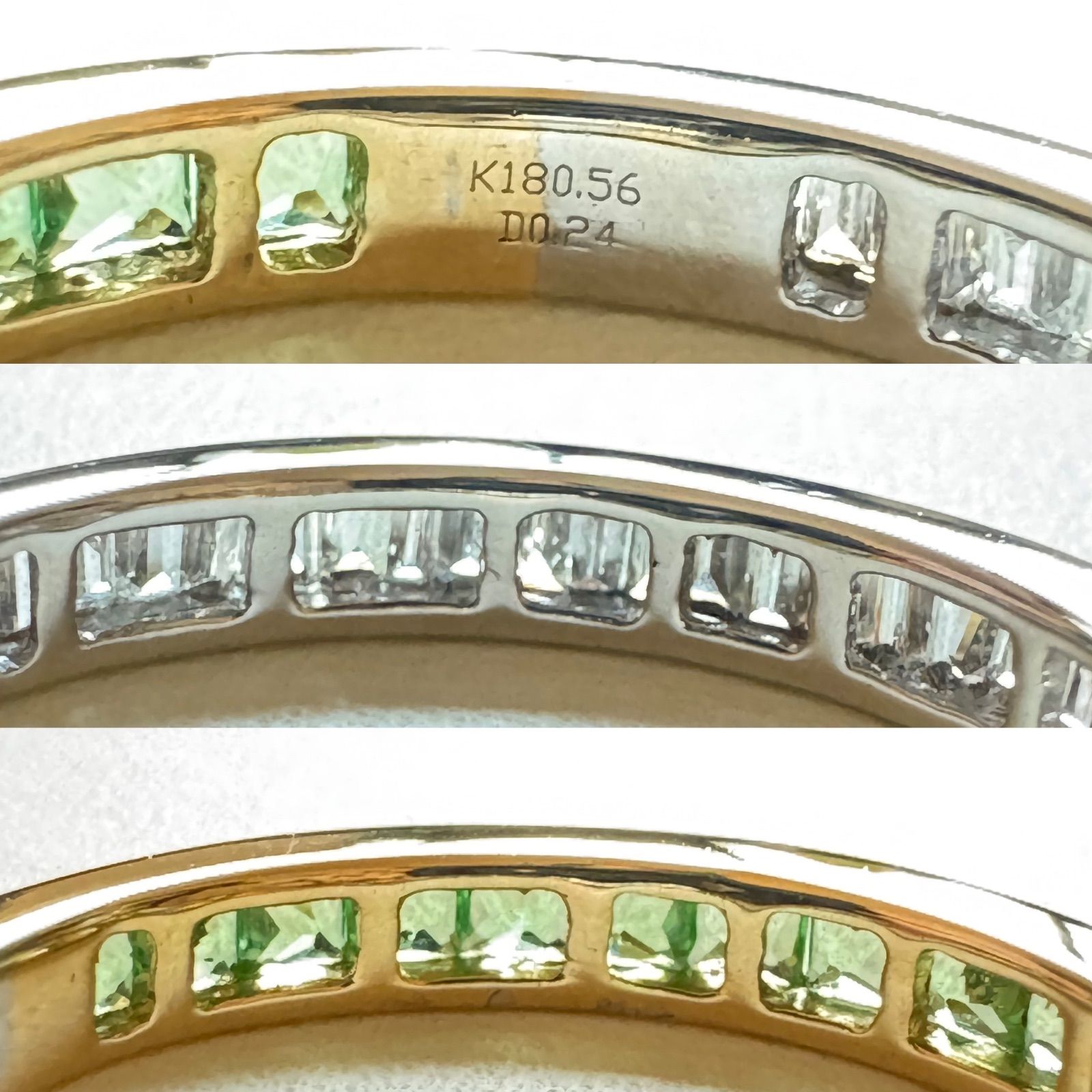 K18YG/WG*13号*リバーシブル*緑石*テーパーカットダイヤモンドリング  