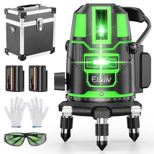 Elikliv レーザー墨出し器 レーザー 水平器 レーザー レベル グリーン 5ライン 4方向大矩照射 360°微調整 大容量バッテリー2個 高輝度 高出力 自動補正 軽天作業 測量建築 DIY 軽量 小型 屋内屋外 アルミケース付き 型番 B5