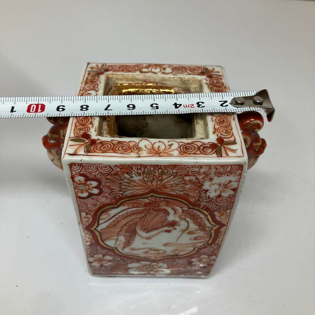 時代 九谷焼 赤絵 獅子摘み香炉 高さ15.2cm 東H5-0630①トヒチル ✫九谷焼