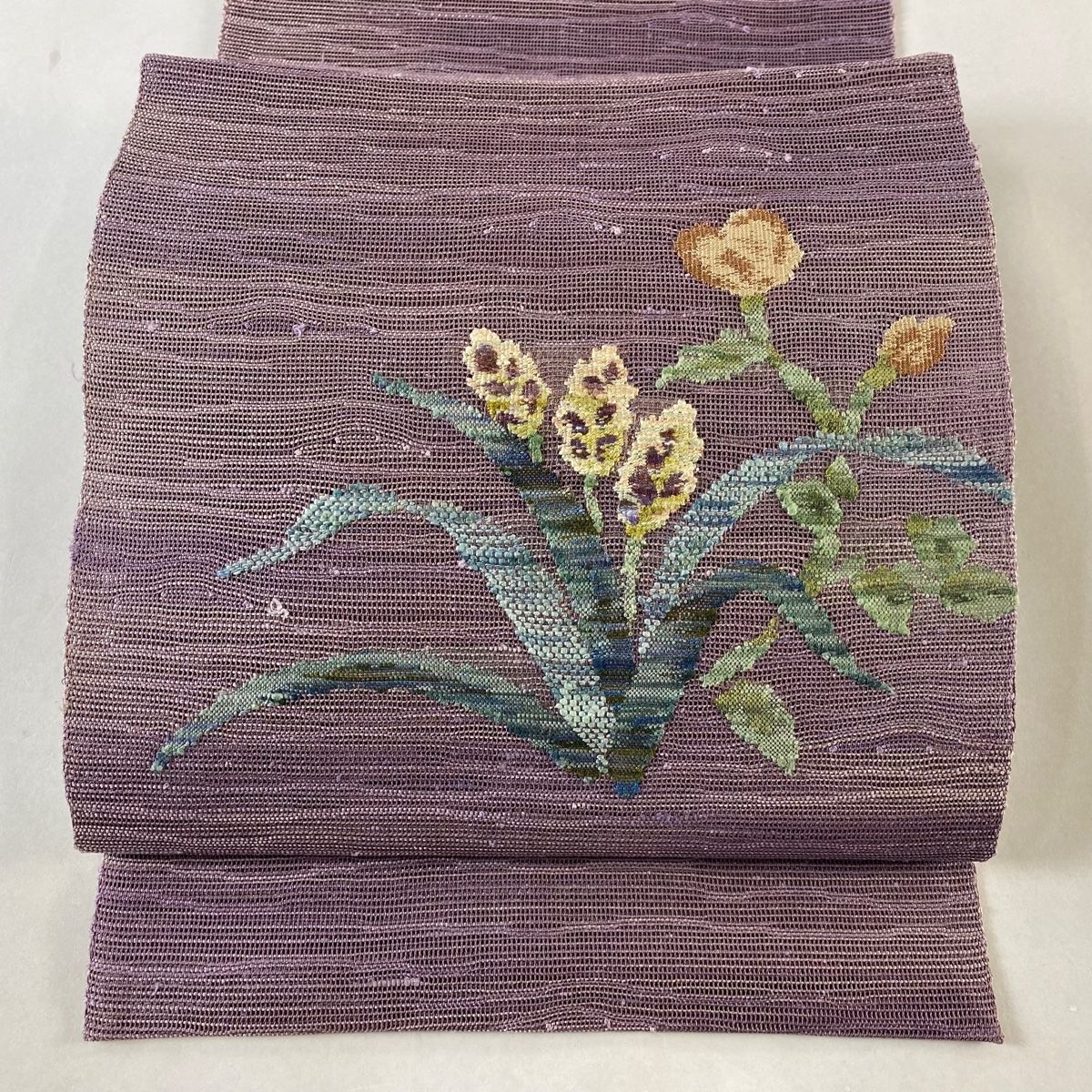 名古屋帯 秀品 夏帯 八寸名古屋帯 松葉仕立て 草花 刺繍 紫 正絹