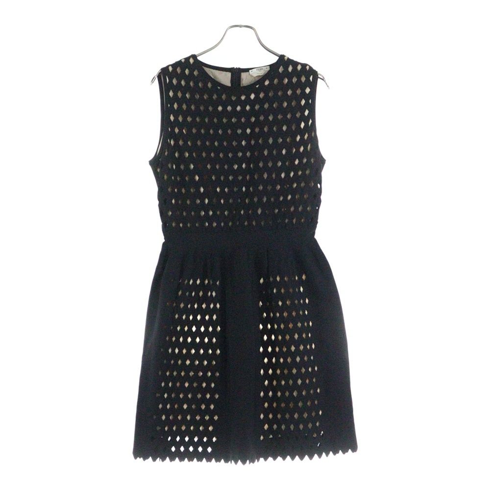 FENDI フェンディ ダイヤカットアウト レーヨンニット クルーネック ノースリーブ ミディアムワンピース ドレス ブラック ベージュ レディース FZD532 1QF