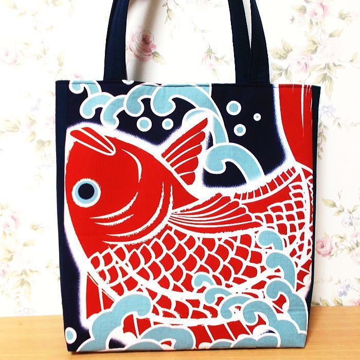 大きめトートバッグ めで鯛 大漁旗 開運 ハンドメイド