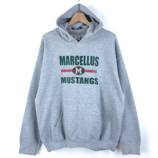 【古着】 スウェットパーカー カレッジパーカー MARCELLUS MUSTANGS グレー系 メンズL 【中古】 n060167