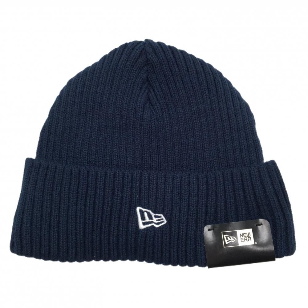 【新品】ニューエラ ニット帽 ネイビー×白 フロントロゴ 裏地フリース ウール混  ゴルフウェア New Era