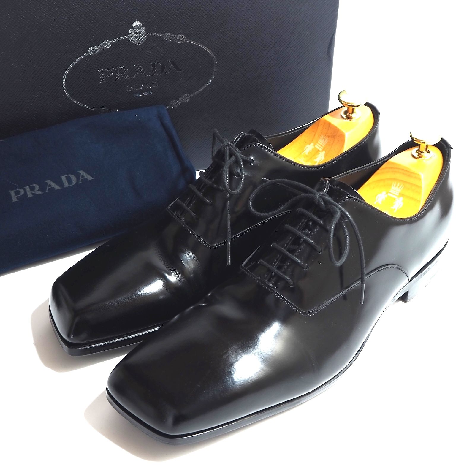 プラダ PRADA ニュアンスブラッシュドレザー レースアップ シューズ 7.5 25.5㎝相当 ブラック メンズ 5-YD016