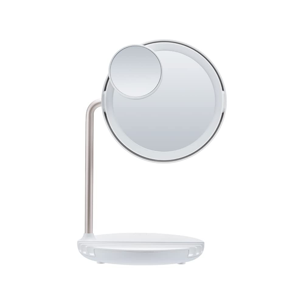 FESTINO フェスティノ 充電式LEDファンミラー SMHB-032 メイクミラー 5倍拡大鏡付き LEDライト＆送風ファン搭載 180度回転 自然光 スマホ充電 USB給電口付き ホワイト ホワイト