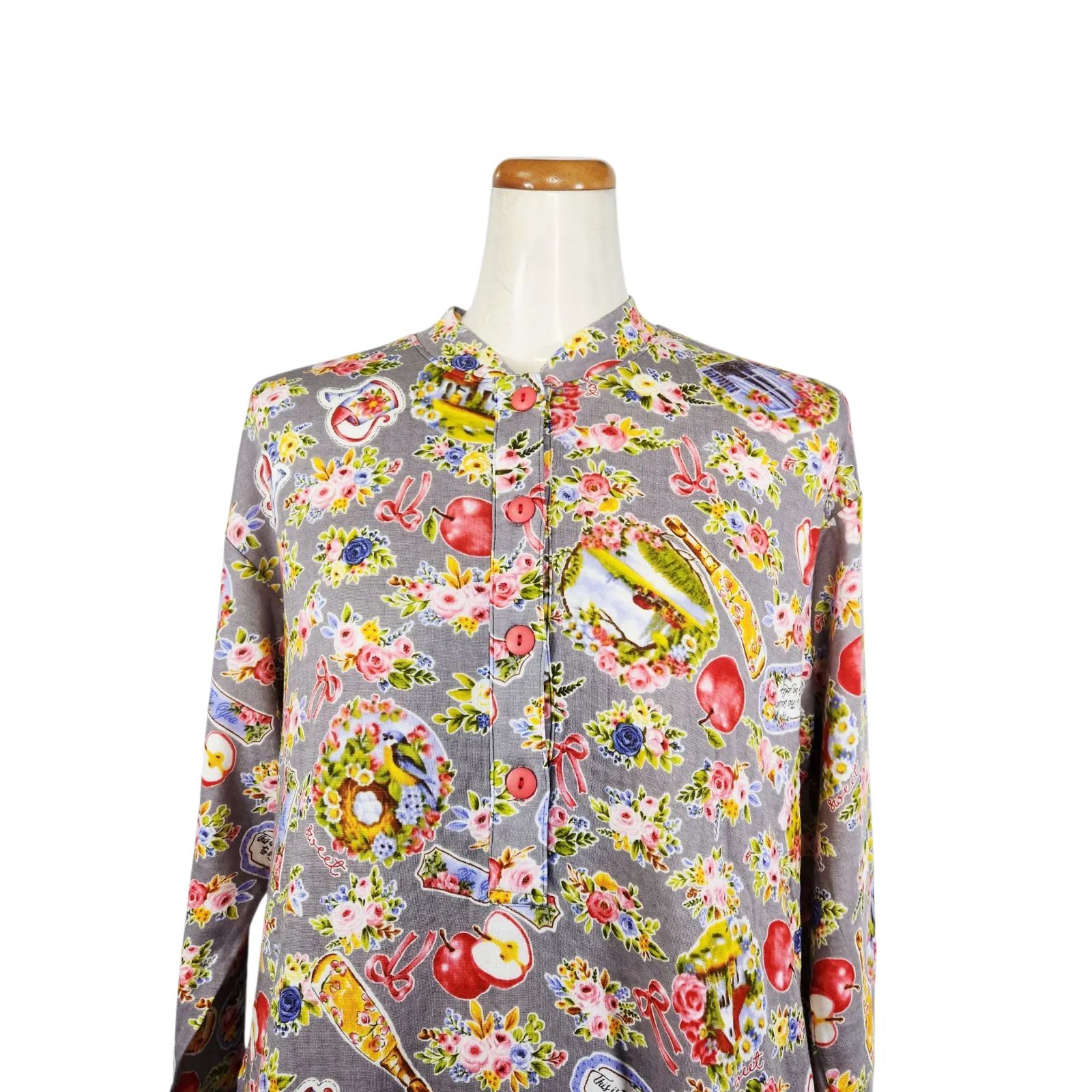 鴨居羊子パジャマ ♥ TUNIC 秋物長袖 半開パジャマ 60接結りんご 26410 日本製 グレー色