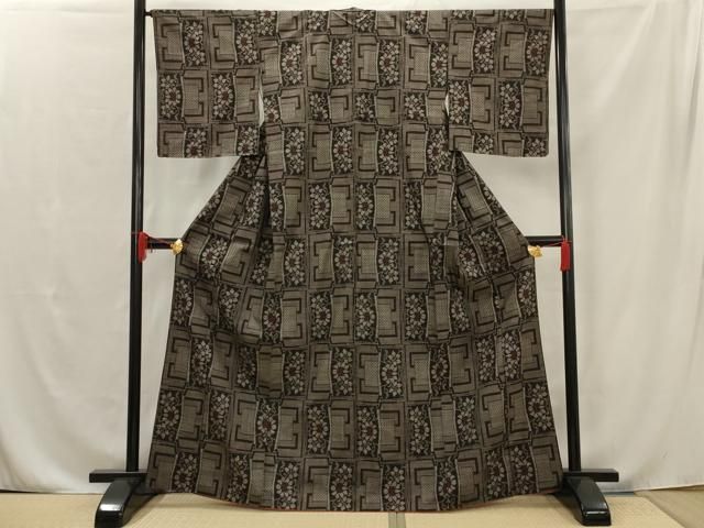 平和屋着物▽上質な紬 単衣 草花文 正絹 逸品 CAAT0746dy