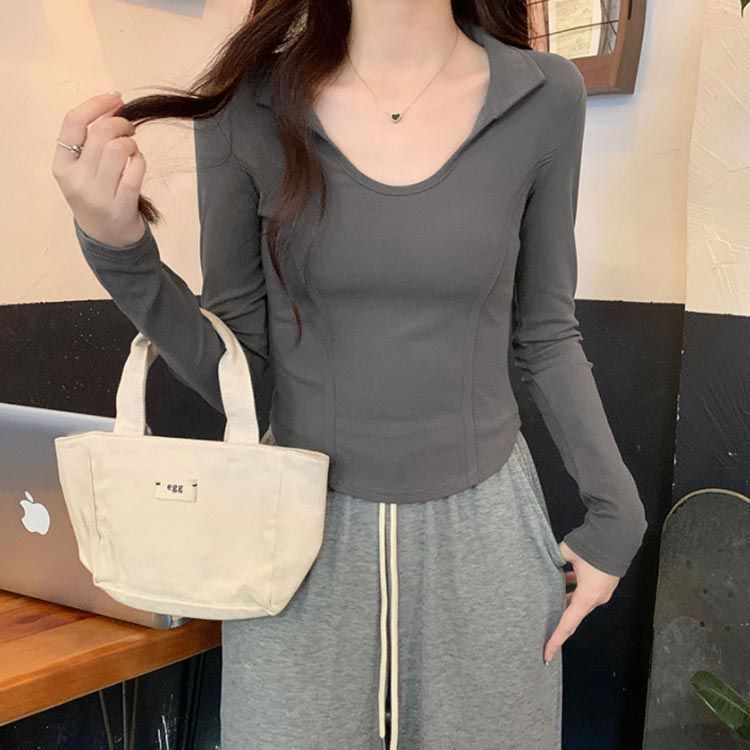 Tシャツ Uネックレディース 長袖 襟付き 春 秋 トップス 長袖Tシャツ 薄手 かわいい カットソー ティーシャツ ショート丈 ラウンド裾 アシンメトリー スリット入り 着せ ダン lan 6710