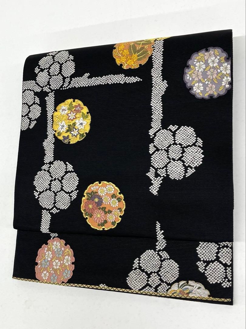 山下織物 歌仙色紙 袋帯 鳳凰 鳥 梅 雪輪に四季の草花 正絹 六通