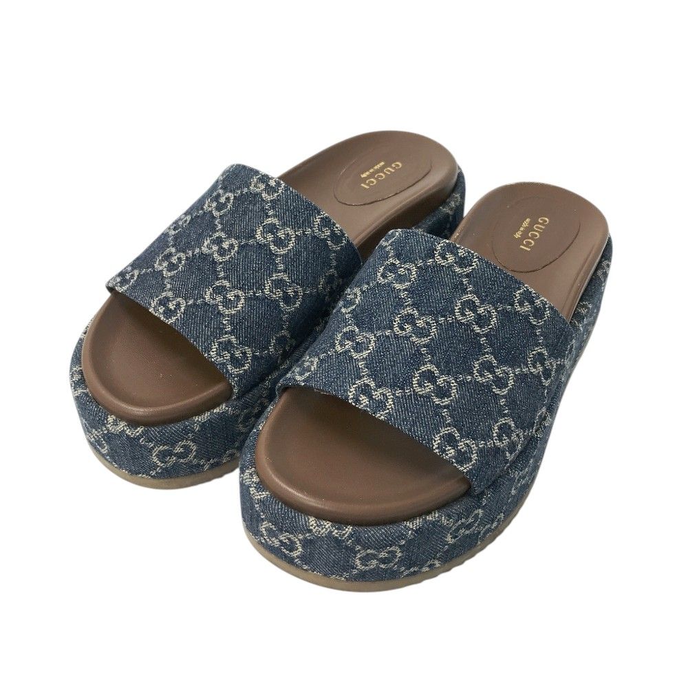 GUCCI グッチ 623212 厚底 デニム サンダル GG柄 ネイビー系 37