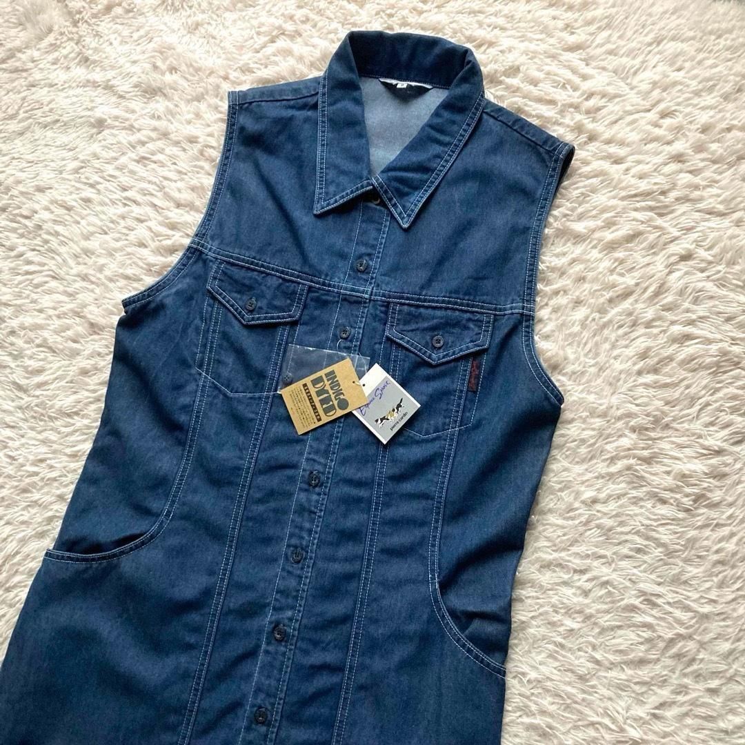 Espace Sport Pierre Cardin ピエールカルダデニムシャツワンピース ロングワンピース ノースリーブ インディゴ染め レトロ ヴィンテージ タグ付き デッドストック ブルー 9号
