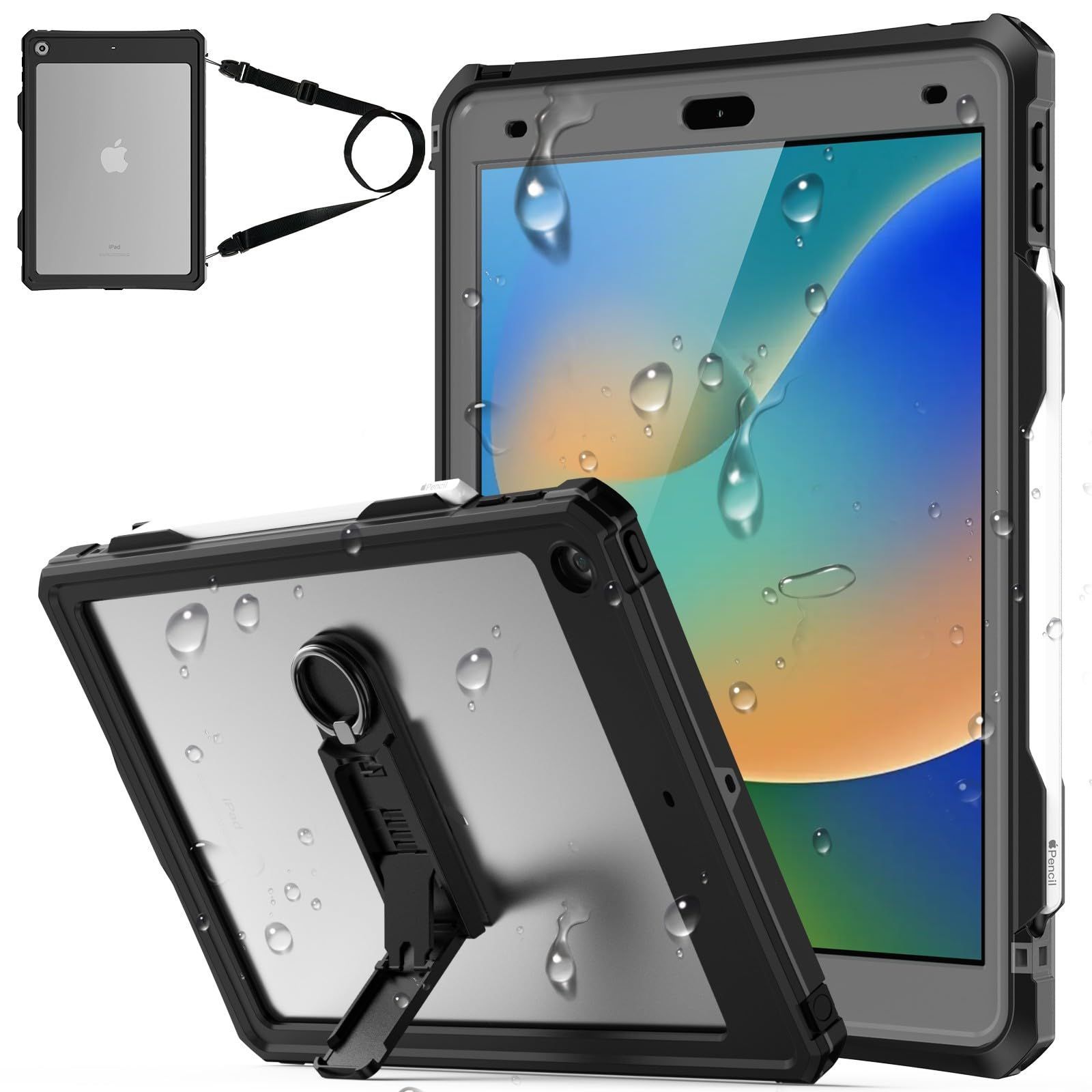 ipad 10.2 防水ケース iPad 第9世代 2021 |第8世代 2020 |第7世代 2019 ケース IP68 完全防水 防塵 耐衝撃 ペン収納 保護フィルム付 TouchID認証対応 キックスタンド ショルダーストラップ お風呂 キ