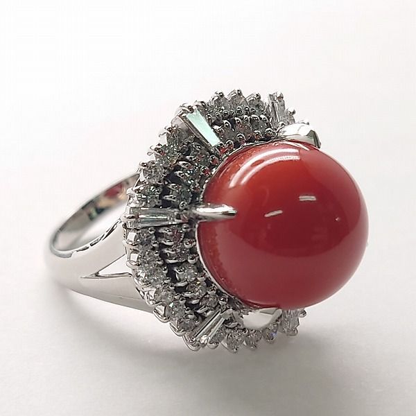 ※併売商品※◆新品仕上げ◆天然珊瑚 リング C 約13.8mm D1.57ct PT900 約17号 GRJソーティング レディースジュエリー　M888