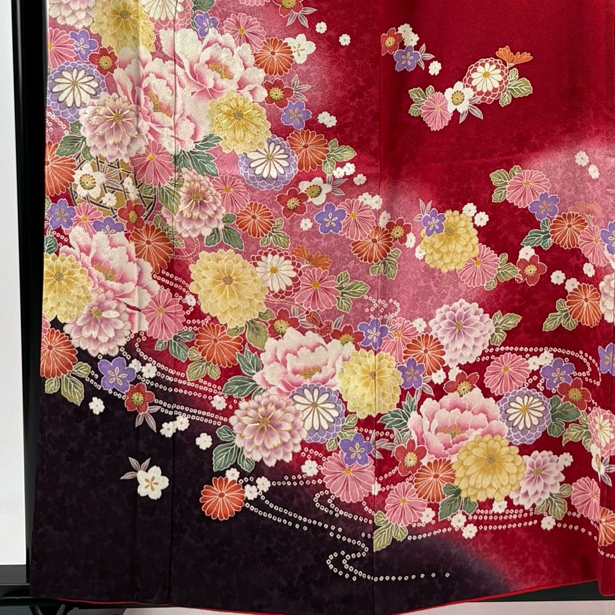 振袖 身丈160cm 裄丈63.5cm S 袷 菊 牡丹 金糸 金彩 赤 正絹 名品