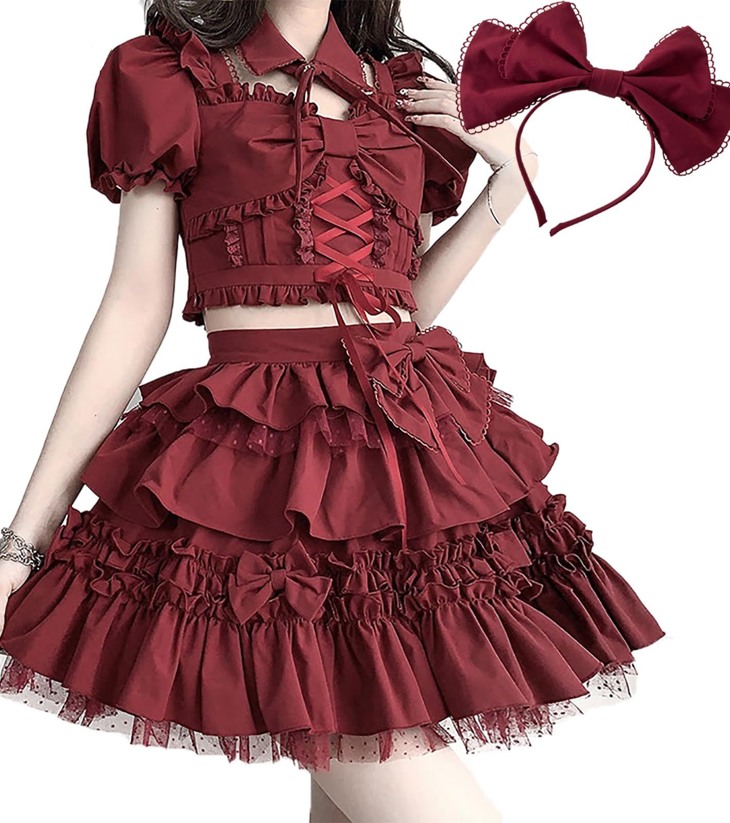 SUNNYSTEP コスプレ ロリータ 大きいサイズ S~6Lサイズ コスチューム ゴシック 黒 ブラック 赤 アイドル フリル リボン ミニ丈 セクシー 半袖 ゴスロリ ステージ 衣装 撮影 かわいい カチューシャ付き セットアップ