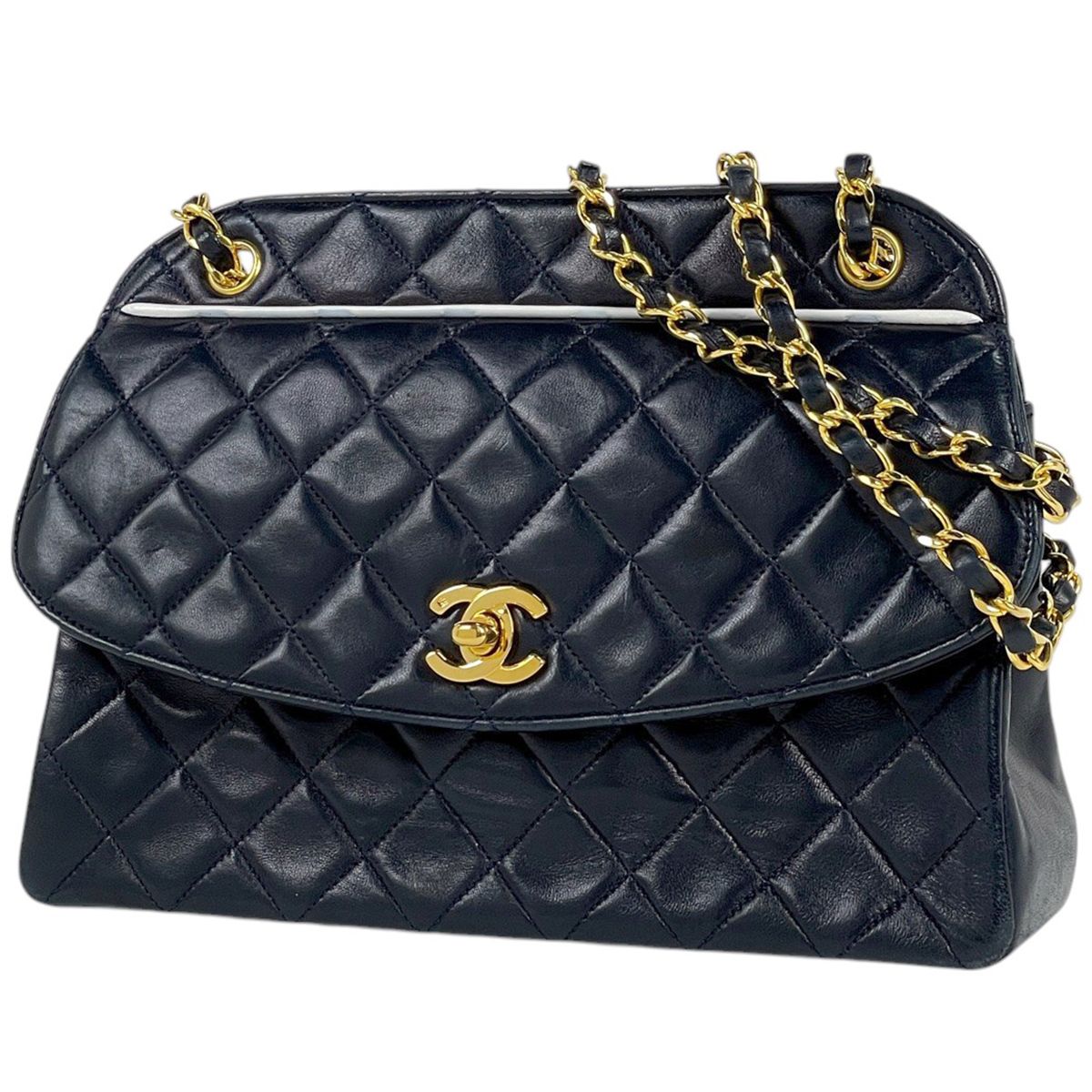シャネル CHANEL ココマーク チェーン ショルダーバッグ マトラッセ レザー ネイビー レディース