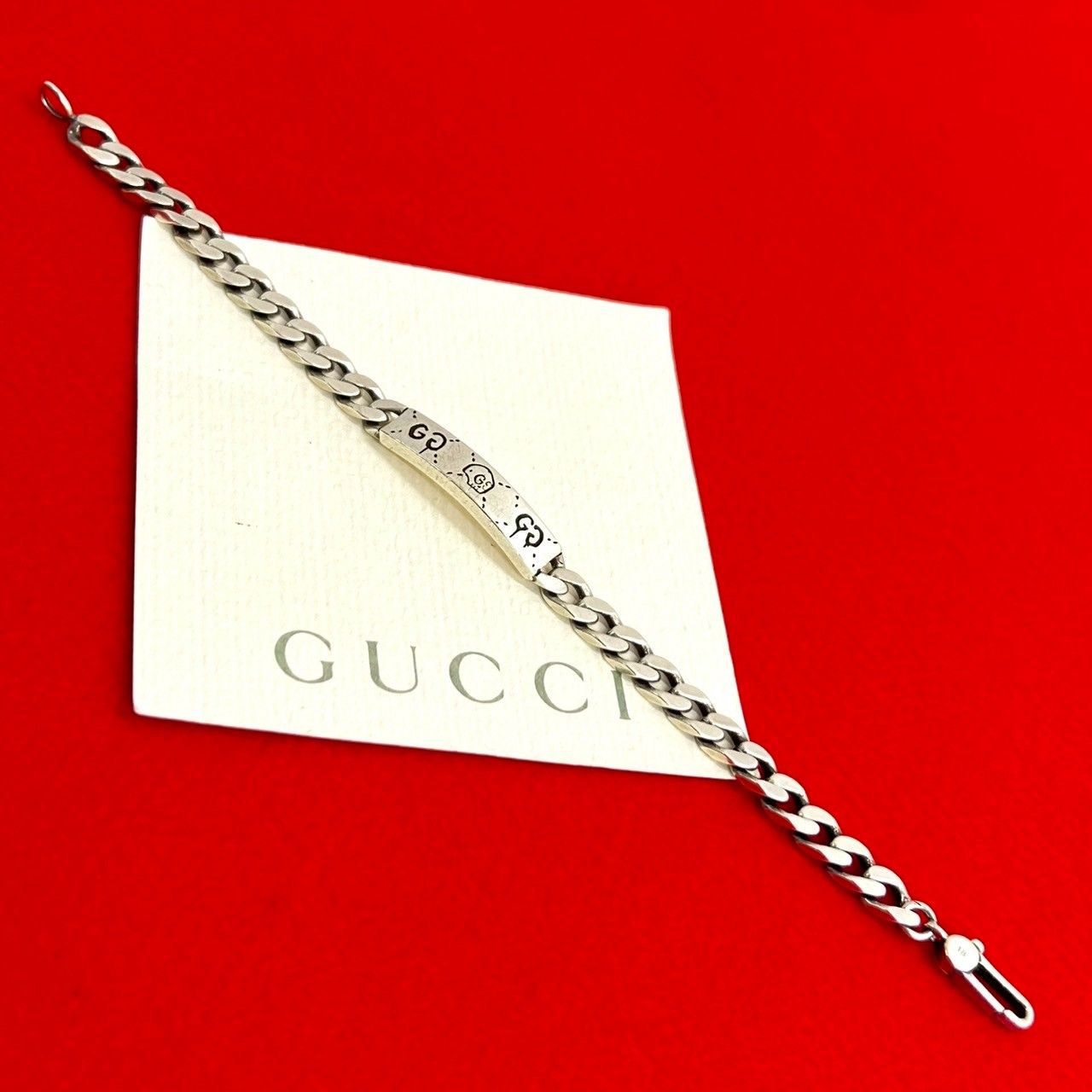 品 GUCCI グッチ GG ロゴ ゴースト スカル 刻印 シルバー925 チェーン ブレスレット バングル アクセサリー 604-9