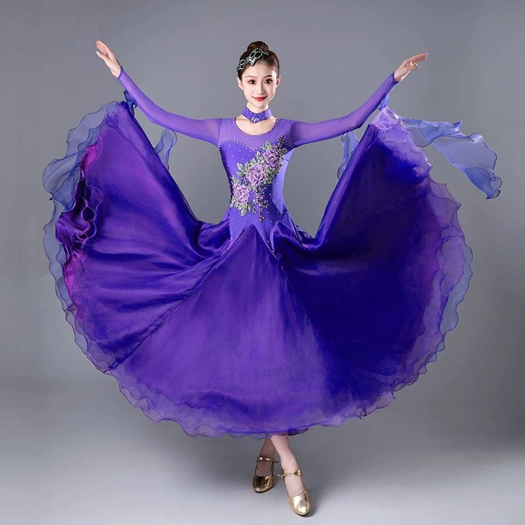 華やかスタンダードドレス✨発表会・競技会・デモにオススメのエレガントデザイン 花柄✦スタンダードドレス♪ワンピース練習着☆発表会、デモ