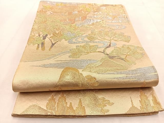 ［六通］袋帯　新品未使用品　458cm    O-313 平和屋着物◎六通柄袋帯 西武百貨店扱い 風景文 金銀糸 正絹