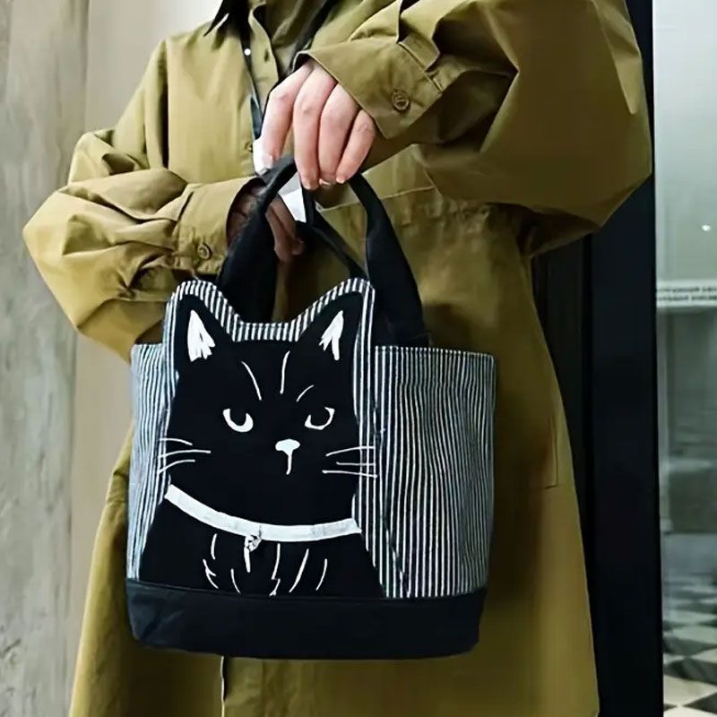 黒猫トートバッグ】バッグ ねこ マチ付き 刺繍 北欧 おしゃれ かわいい