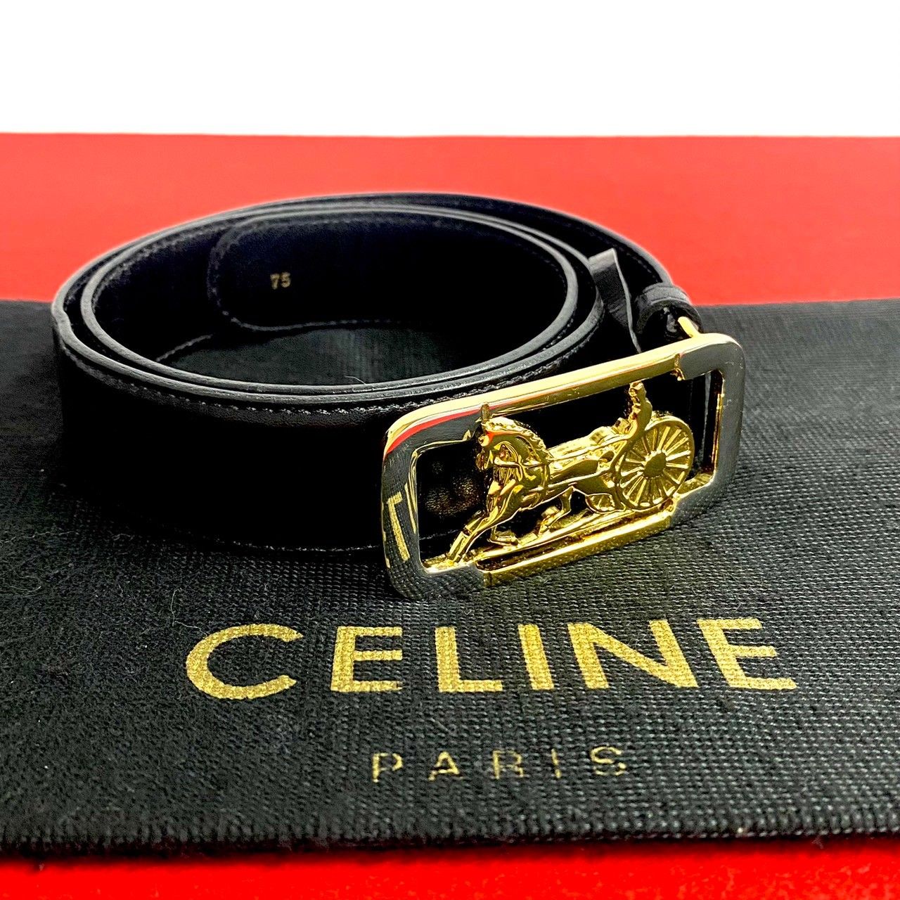 【美品】CELINE セリーヌ　馬車金具　ベルト　レザー　黒　Vintage ほぼ 未使用 希少品 CELINE セリーヌ ヴィンテージ 馬車金具