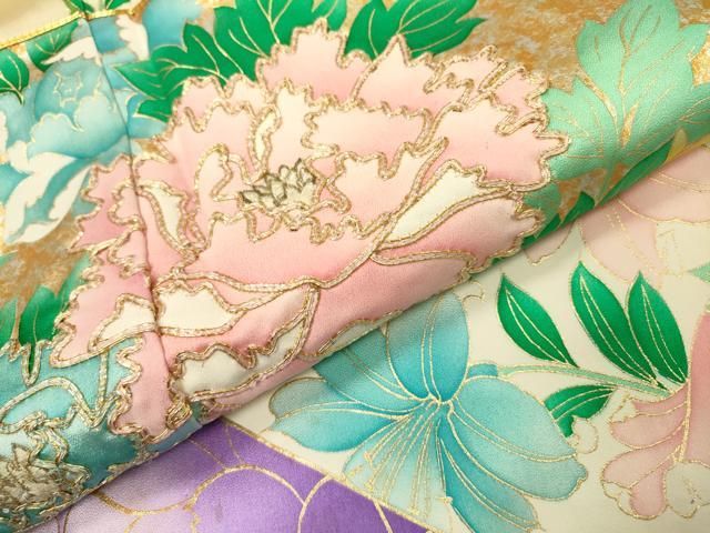 平和屋着物■豪華振袖　駒刺繍　地紙吉祥花文　暈し染め　金彩　逸品m068 平和屋着物○豪華振袖 駒刺繍 枝垂れ桜 地紙吉祥花文 暈し